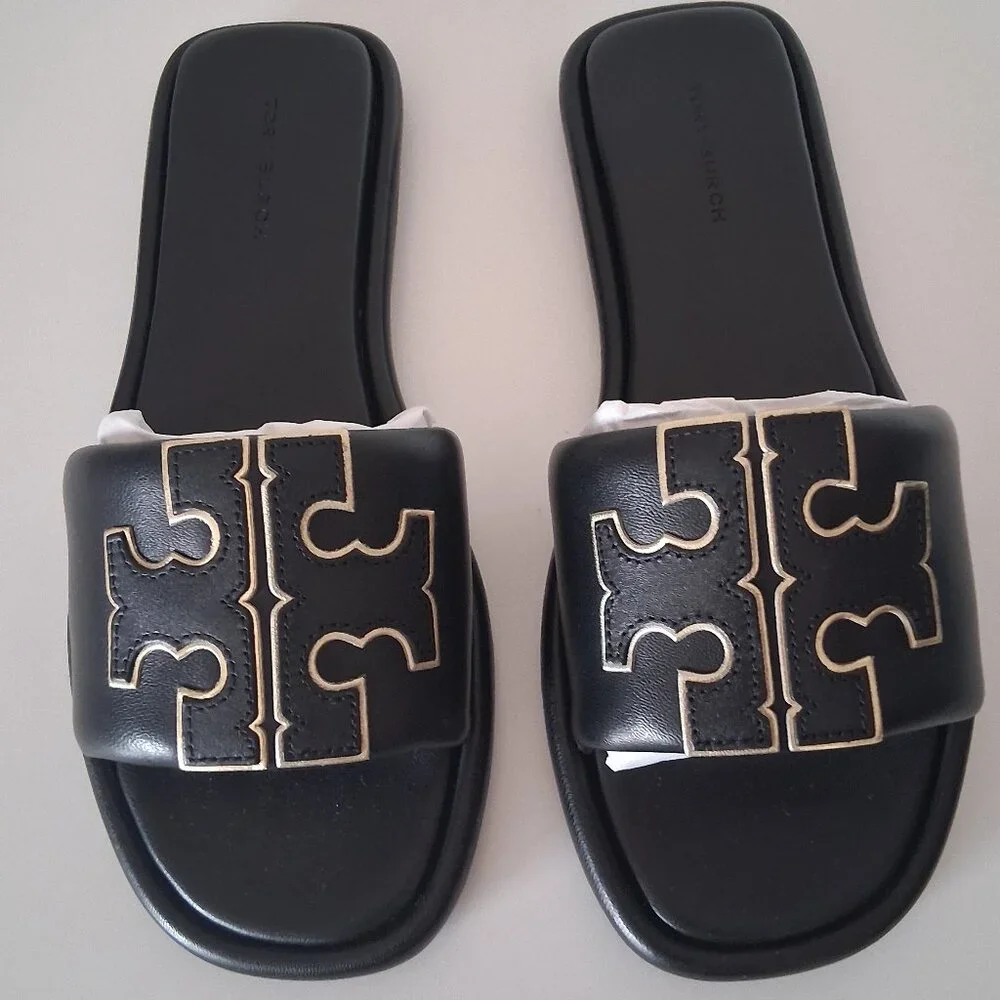 Tory Burch Double T Sport Slide Sandals Perfect Black/Gold Size 5.5